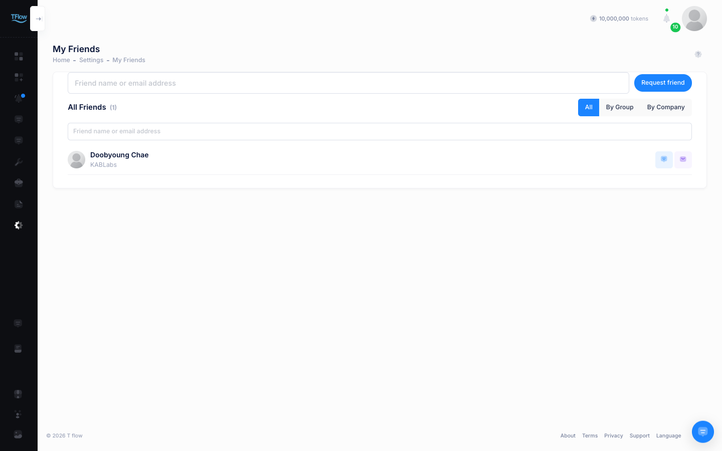 My Friends — the friend request box and the All / By Group / By Company views