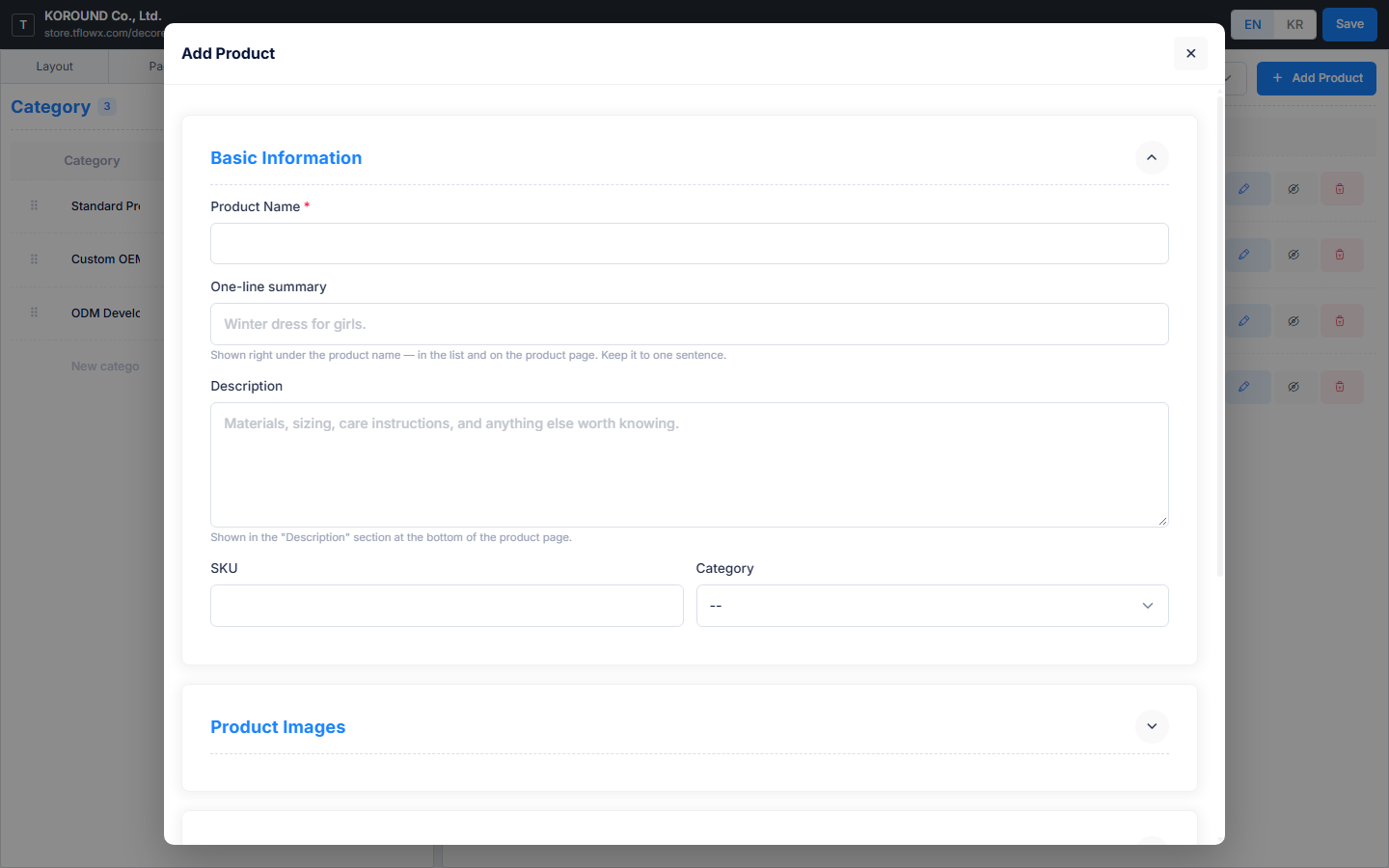 Add Product dialog — Basic Information (Product Name · One-line summary · Description · SKU · Category), with Product Images and the other sections folded below
