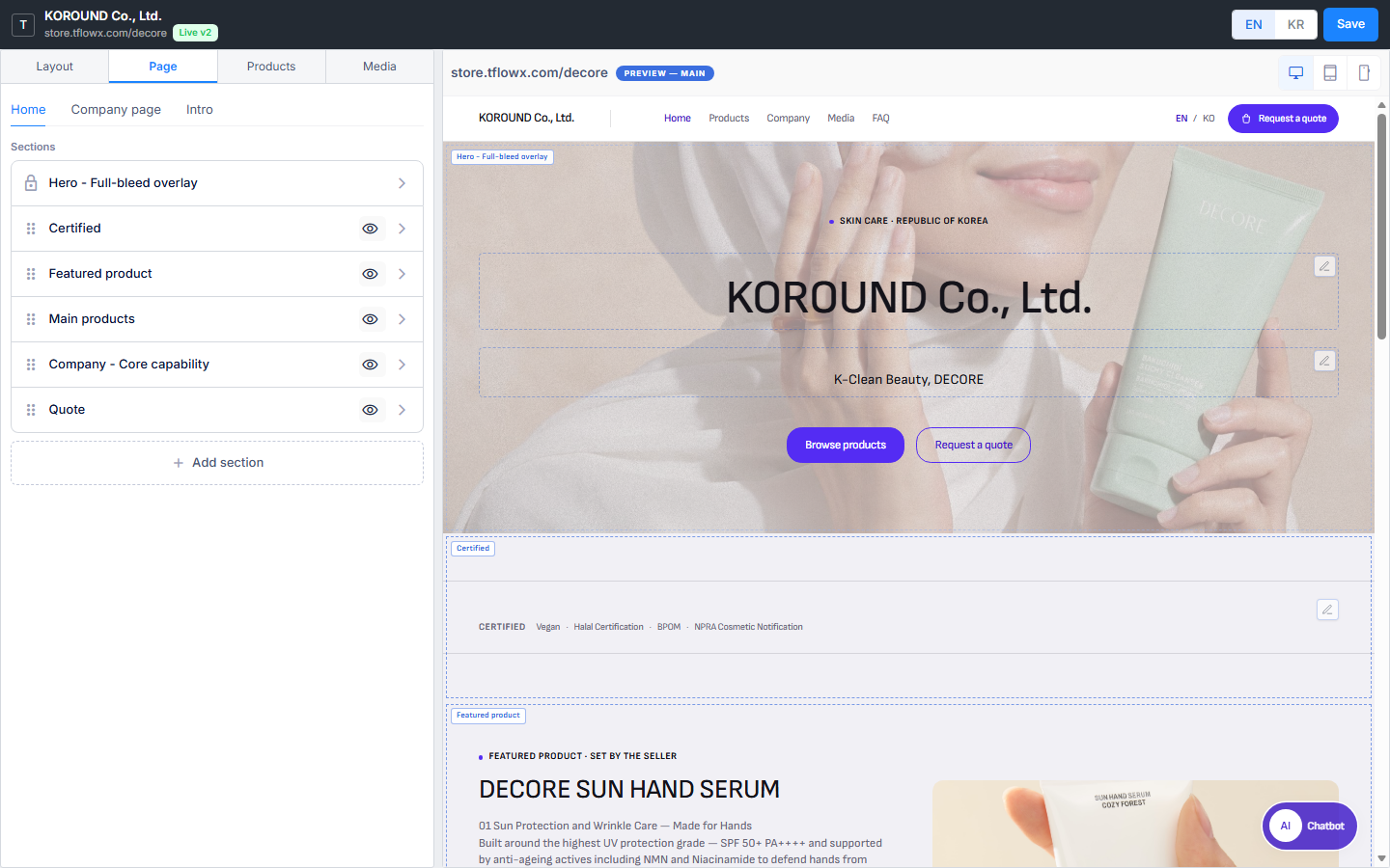Edit store window — the top bar (company name and address; EN | KR and Save), the section list on the Page tab at the left (Hero · Certified · Featured product · Main products …), and the live preview with device buttons at the right
